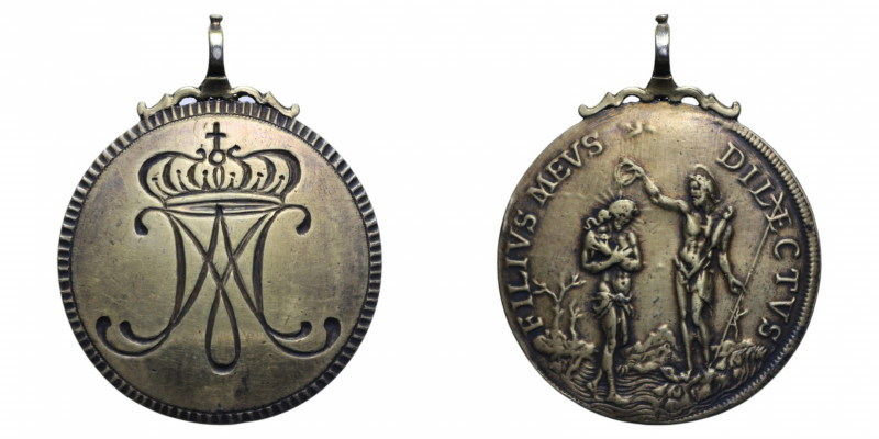 MEDAGLIA DEVOZIONALE ALLA MADONNA RICAVATA DA UNA PIASTRA DI FIRENZE DEL 600' AG...