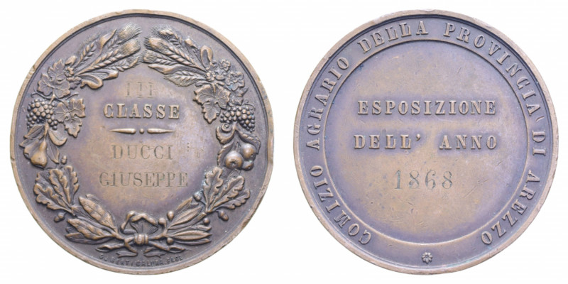 REGNO D'ITALIA MEDAGLIA AREZZO 1868 ESPOSIZIONE AGRARIA AE. 59,65 GR. 46 MM. BB+...