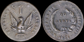 GREECE: 20 Lepta (1831) in copper with phoenix. Variety "477-D.d" by Peter Chase. Medal alignment. (Hellas 19). Fine Plus.