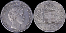 GREECE: 1 Drachma (1832) (type I) in silver with head of King Otto facing right and inscription "ΟΘΩΝ ΒΑΣΙΛΕΥΣ ΤΗΣ ΕΛΛΑΔΟΣ". Inside slab by PCGS "AU D...
