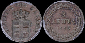 GREECE: 2 Lepta (1833) (type I) in copper with Royal Coat of Arms and inscription "ΒΑΣΙΛΕΙΑ ΤΗΣ ΕΛΛΑΔΟΣ". Inside slab by PCGS "XF 40". Cert number: 42...