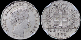 GREECE: 1/4 Drachma (1833) (type I) in silver with head of King Otto facing right and inscription "ΟΘΩΝ ΒΑΣΙΛΕΥΣ ΤΗΣ ΕΛΛΑΔΟΣ". Inside slab by NGC "AU ...