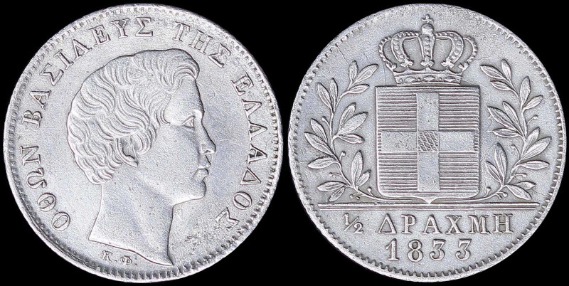GREECE: 1/2 Drachma (1833) (type I) in silver with head of King Otto facing righ...
