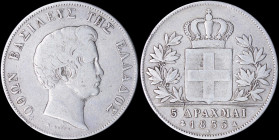 GREECE: 5 Drachmas (1833 A) (type I) in silver with head of King Otto facing right and inscription "ΟΘΩΝ ΒΑΣΙΛΕΥΣ ΤΗΣ ΕΛΛΑΔΟΣ". (Hellas 111). Very Goo...