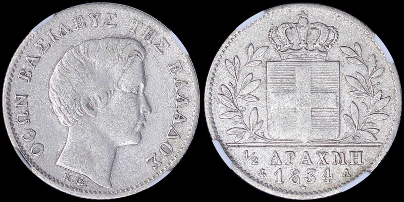 GREECE: 1/2 Drachma (1834 A) (type I) in silver with head of King Otto facing ri...