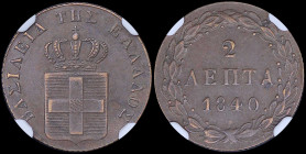 GREECE: 2 Lepta (1840) (type I) in copper with Royal Coat of Arms and inscription "ΒΑΣΙΛΕΙΑ ΤΗΣ ΕΛΛΑΔΟΣ". Inside slab by NGC "AU 55 BN". Cert number: ...