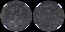 GREECE: 5 Lepta (1840) (type I) in copper with Royal Coat of Arms and inscription "ΒΑΣΙΛΕΙΑ ΤΗΣ ΕΛΛΑΔΟΣ". Inside slab by NGC "XF DETAILS / ENVIRONMENT...