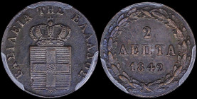 GREECE: 2 Lepta (1842) (type I) in copper with Royal Coat of Arms and inscription "ΒΑΣΙΛΕΙΑ ΤΗΣ ΕΛΛΑΔΟΣ". Inside slab by PCGS "AU 55". Cert number: 29...
