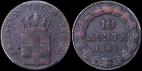 GREECE: 10 Lepta (1845) (type II) in copper with Royal Coat of Arms and inscription "ΒΑΣΙΛΕΙΟΝ ΤΗΣ ΕΛΛΑΔΟΣ". Inside slab by PCGS "VF Detail / Cleaned"...