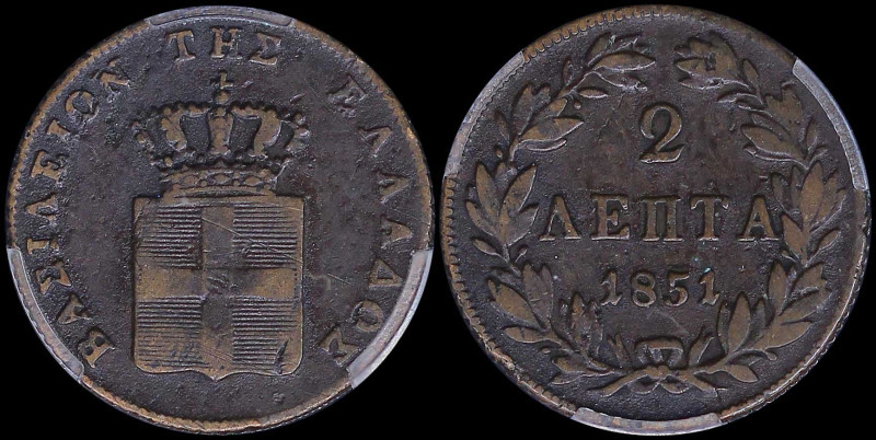 GREECE: 2 Lepta (1851) (type IV) in copper with Royal Coat of Arms and inscripti...