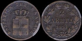 GREECE: 2 Lepta (1851) (type IV) in copper with Royal Coat of Arms and inscription "ΒΑΣΙΛΕΙΟΝ ΤΗΣ ΕΛΛΑΔΟΣ". Inside slab by PCGS "VF 35". Cert number: ...