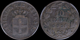 GREECE: 10 Lepta (1851) (type III) in copper with Royal Coat of Arms and inscription "BΑΣΙΛΕΙΟΝ ΤΗΣ ΕΛΛΑΔΟΣ". Inside slab by PCGS "VF Detail / Tooled"...