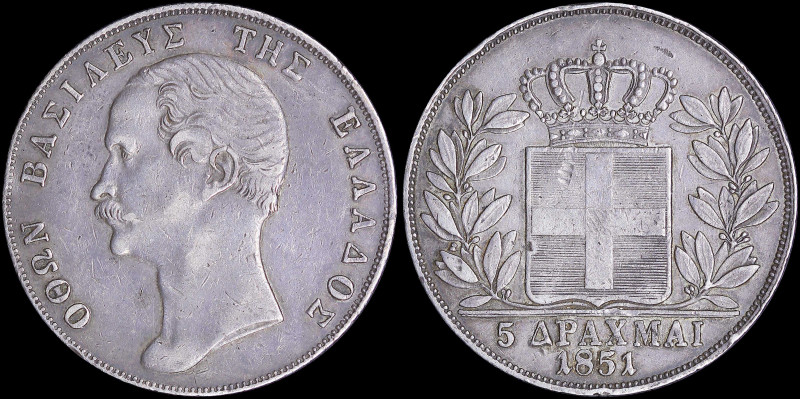 GREECE: 5 Drachmas (1851) (type II) in silver with mature head of King Otto faci...