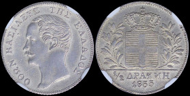 GREECE: 1/2 Drachma (1855) (type II) in silver with mature head of King Otto facing left and inscription "ΟΘΩΝ ΒΑΣΙΛΕΥΣ ΤΗΣ ΕΛΛΑΔΟΣ". Variety: Dot bet...