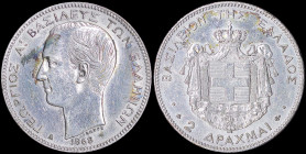 GREECE: 2 Drachmas (1868 A) (type I) in silver with head of King George I facing left and inscription "ΓΕΩΡΓΙΟΣ Α! ΒΑΣΙΛΕΥΣ ΤΩΝ ΕΛΛΗΝΩΝ". Polished. (H...