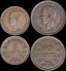 GREECE: Lot of 2 coins (1870) composed of 5 Lepta (type I) & 10 Lepta (type I) in copper with head of King George I facing left and inscription "ΓΕΩΡΓ...
