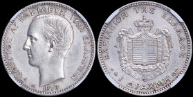 GREECE: 1 Drachma (1873 A) (type I) in silver with head of King George I facing left and inscription "ΓΕΩΡΓΙΟΣ Α! ΒΑΣΙΛΕΥΣ ΤΩΝ ΕΛΛΗΝΩΝ". Inside slab b...