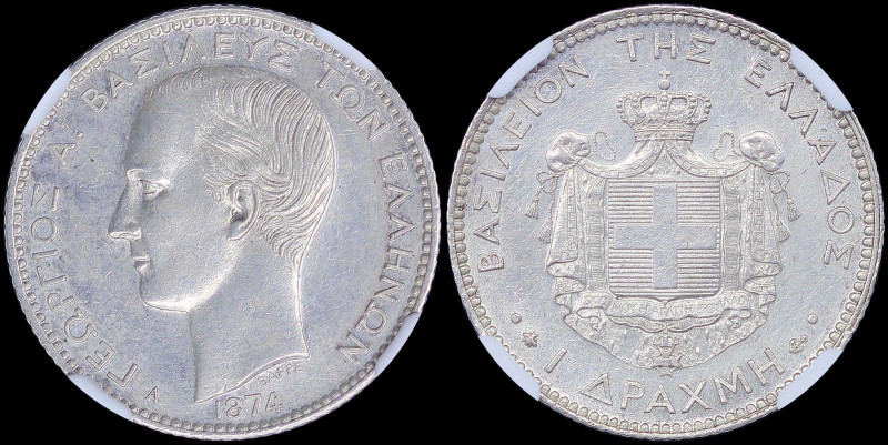 GREECE: 1 Drachma (1874 A) (type I) in silver with head of King George I facing ...