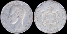 GREECE: 1 Drachma (1874 A) (type I) in silver with head of King George I facing left and inscription "ΓΕΩΡΓΙΟΣ Α! ΒΑΣΙΛΕΥΣ ΤΩΝ ΕΛΛΗΝΩΝ". Inside slab b...