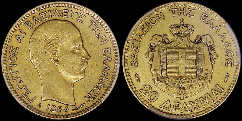 GREECE: 20 Drachmas (1884 A) (type II) in gold with mature head of King George I...