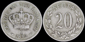 GREECE: 20 Lepta (1893 A) (type II) in copper-nickel with Royal Crown and inscription "ΒΑΣΙΛΕΙΟΝ ΤΗΣ ΕΛΛΑΔΟΣ". Cleaned and small strike on the perimet...