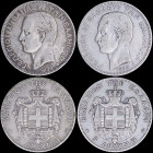 GREECE: Lot of 2 Coins composed of 5 Drachmas (1875 A) & 5 Drachmas (1876 A) in silver with mature head of King George I facing left and inscription "...