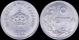 GREECE: 10 Lepta (1922) in aluminium with Royal Crown and inscription "ΒΑΣΙΛΕΙΟΝ ΤΗΣ ΕΛΛΑΔΟΣ". Variety: Thin planchet. Inside slab by PCGS "MS 64 / Th...