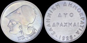 GREECE: 2 Drachmas (1926) in copper-nickel with head of Goddess Athena facing left. Inside slab by PCGS "MS 65". Cert number: 28048896. (Hellas 175).