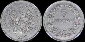 GREECE: 5 Drachmas (1930) in nickel with phoenix and inscription "ΕΛΛΗΝΙΚΗ ΔΗΜΟΚΡΑΤΙΑ". Brussels mint. Inside slab by NGC "AU 55 / BRUSSELS". Cert num...