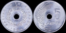 GREECE: 5 Lepta (1954) in aluminum with Royal Crown and inscription "ΒΑΣΙΛΕΙΟΝ ΤΗΣ ΕΛΛΑΔΟΣ". Inside slab by PCGS "MS 66". Cert number: 40996785. (Hell...