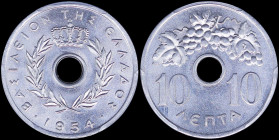 GREECE: 10 Lepta (1954) in aluminium with Royal Crown and inscription "ΒΑΣΙΛΕΙΟΝ ΤΗΣ ΕΛΛΑΔΟΣ". Inside slab by PCGS "MS 66". Cert number: 41753737. (He...