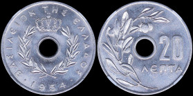 GREECE: 20 Lepta (1954) in aluminium with Royal Crown and inscription "ΒΑΣΙΛΕΙΟΝ ΤΗΣ ΕΛΛΑΔΟΣ". Inside slab by NGC "MS 65". Cert number: 5779909-014. (...