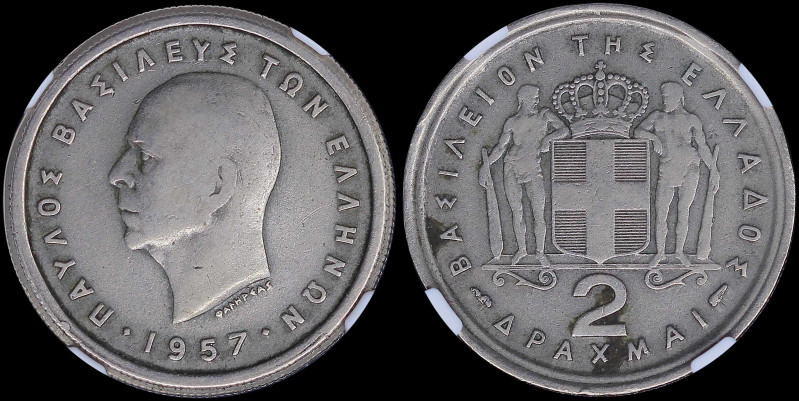 GREECE: 2 Drachmas (1957) in copper-nickel with head of King Paul facing left an...