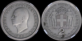 GREECE: 2 Drachmas (1957) in copper-nickel with head of King Paul facing left and inscription "ΠΑΥΛΟΣ ΒΑΣΙΛΕΥΣ ΤΩΝ ΕΛΛΗΝΩΝ". Inside slab by NGC "MINT ...