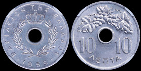 GREECE: 10 Lepta (1959) in aluminum with Royal Crown and inscription "ΒΑΣΙΛΕΙΟΝ ΤΗΣ ΕΛΛΑΔΟΣ". Inside slab by NGC "MS 66". Cert number: 5779909-007. (H...