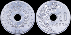 GREECE: 20 Lepta (1959) in aluminum with Royal Crown and inscription "ΒΑΣΙΛΕΙΟΝ ΤΗΣ ΕΛΛΑΔΟΣ". Inside slab by NGC "MS 62". Cert number: 5774694-003. (H...