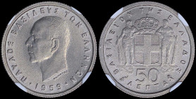 GREECE: 50 Lepta (1959) in copper-nickel with head of King Paul facing left and inscription "ΠΑΥΛΟΣ ΒΑΣΙΛΕΥΣ ΤΩΝ ΕΛΛΗΝΩΝ". Inside slab by NGC "MS 62"....