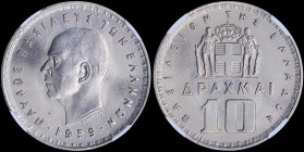 GREECE: 10 Drachmas (1959) in nickel with head of King Paul facing left and inscription "ΠΑΥΛΟΣ ΒΑΣΙΛΕΥΣ ΤΩΝ ΕΛΛΗΝΩΝ". Inside slab by NGC "MS 67". Cer...
