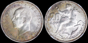 GREECE: 20 Drachmas (1960) in silver (0,835) with head of King Paul facing left and inscription "ΠΑΥΛΟΣ ΒΑΣΙΛΕΥΣ ΤΩΝ ΕΛΛΗΝΩΝ". Goddess Moon on horseba...