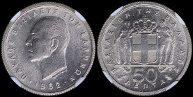 GREECE: 50 Lepta (1962) in copper-nickel with head of King Paul facing left and inscription "ΠΑΥΛΟΣ ΒΑΣΙΛΕΥΣ ΤΩΝ ΕΛΛΗΝΩΝ". Inside slab by NGC "MS 67 /...
