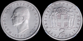 GREECE: 2 Drachmas (1962) in copper-nickel with head of King Paul facing left and inscription "ΠΑΥΛΟΣ ΒΑΣΙΛΕΥΣ ΤΩΝ ΕΛΛΗΝΩΝ". Inside slab by NGC "MS 62...