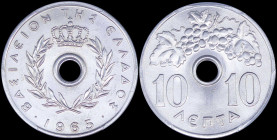 GREECE: 10 Lepta (1965) in copper-nickel with Royal Crown and inscription "ΒΑΣΙΛΕΙΟΝ ΤΗΣ ΕΛΛΑΔΟΣ". Inside slab by PCGS "MS 68". Top pop in both compan...