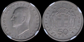 GREECE: 50 Lepta (1965) in copper-nickel with head of King Paul facing left and inscription "ΠΑΥΛΟΣ ΒΑΣΙΛΕΥΣ ΤΩΝ ΕΛΛΗΝΩΝ". Inside slab by NGC "MS 66"....