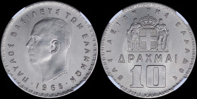 GREECE: 10 Drachmas (1965) in nickel with head of King Paul facing left and inscription "ΠΑΥΛΟΣ ΒΑΣΙΛΕΥΣ ΤΩΝ ΕΛΛΗΝΩΝ". Inside slab by NGC "MS 66". Cer...
