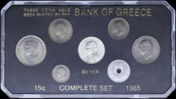 GREECE: Mintstate set (1965) of 7 coins, composed of 10 & 50 Lepta, 1, 2, 5, 10 & 20 Drachmas. Inside hard custom plastic case. (Hellas M.1). Uncircul...