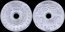 GREECE: 10 Lepta (1964) in aluminium with Royal Crown and inscription "ΒΑΣΙΛΕΙΟΝ ΤΗΣ ΕΛΛΑΔΟΣ". Inside slab by NGC "MS 67". Cert number: 5782180-012. (...