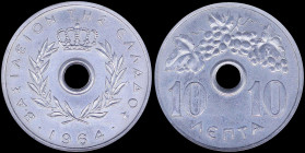 GREECE: 10 Lepta (1964) in aluminium with Royal Crown and inscription "ΒΑΣΙΛΕΙΟΝ ΤΗΣ ΕΛΛΑΔΟΣ". Inside slab by NGC "MS 64". Cert number: 2146612-006. (...