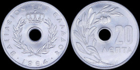 GREECE: 20 Lepta (1964) in aluminium with Royal Crown and inscription "ΒΑΣΙΛΕΙΟΝ ΤΗΣ ΕΛΛΑΔΟΣ". Inside slab by PCGS "MS 67". Cert number: 14547373. (He...