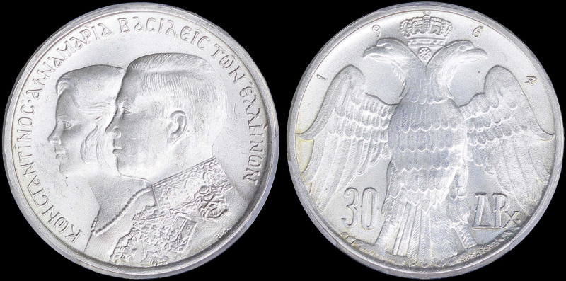 GREECE: 30 Drachmas (1964) in silver with conjoined busts of King Constantine II...