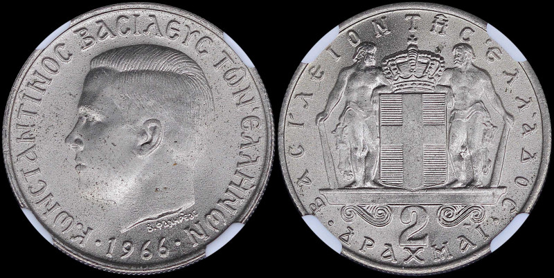 GREECE: 2 Drachmas (1966) (type I) in copper-nickel with head of King Constantin...